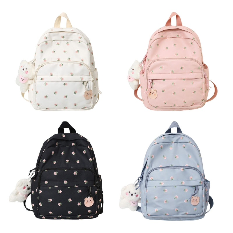 Lightweight Casual Nylon Backpack with Plush Bear Charm