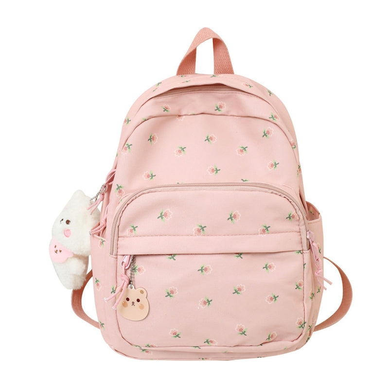 Lightweight Casual Nylon Backpack with Plush Bear Charm