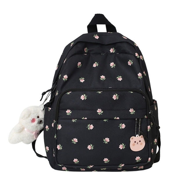 Lightweight Casual Nylon Backpack with Plush Bear Charm