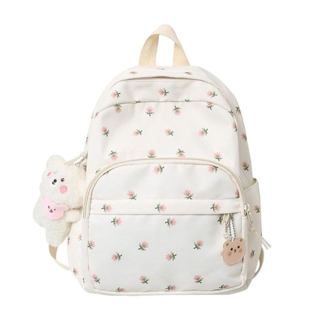 Lightweight Casual Nylon Backpack with Plush Bear Charm