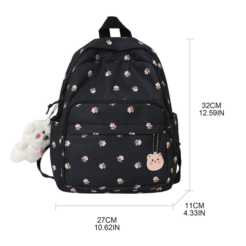 Lightweight Casual Nylon Backpack with Plush Bear Charm