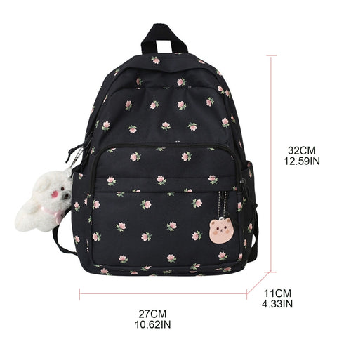 Lightweight Casual Nylon Backpack with Plush Bear Charm