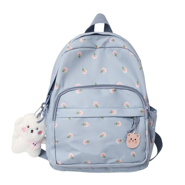 Lightweight Casual Nylon Backpack with Plush Bear Charm