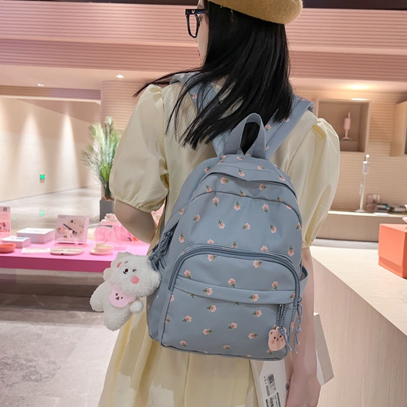 Lightweight Casual Nylon Backpack with Plush Bear Charm