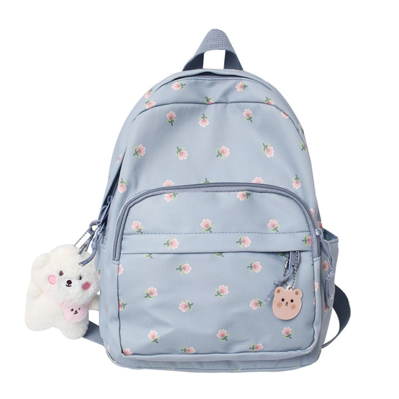 Lightweight Casual Nylon Backpack with Plush Bear Charm