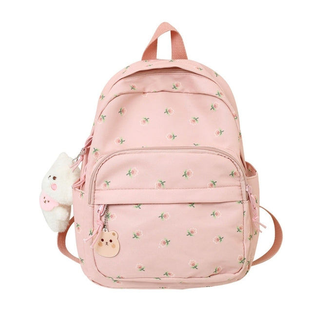 Lightweight Casual Nylon Backpack with Plush Bear Charm